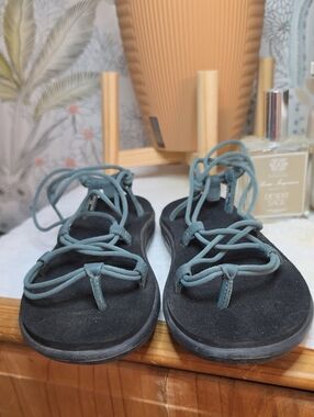 Teva Black Footbed Teal Strappy Lace-Up Sandals